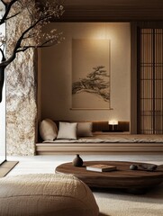 Harmonious interior featuring a daybed art scroll and wooden table