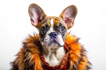 Chic French Bulldog pup, flawlessly photographed against a white backdrop.  A stylish pet portrait.