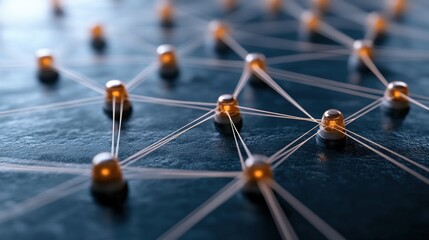 Connecting nodes digital network 3d render dark background close-up woody concept