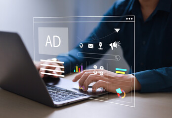 Young Energetic Businessman Using Laptop to Advertise on Website, Preparing Advertising Marketing...