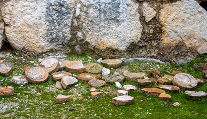 Remains of gymnasium in acnient Lycian city Arycanda. Ancient city on mountain near Aykiricay village.Well preserved semi-circular theater of Arycanda, ancient Lycian city in Antalya