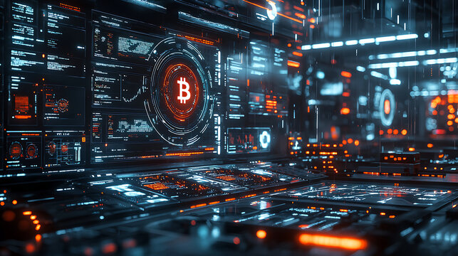 Futuristic Finance with Bitcoin Holograms and NFT Trading Interface - Powered by Adobe