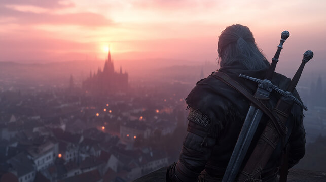 cloaked warrior gazes somberly at distant city during vibrant sunset, feeling sense of anticipation and duty