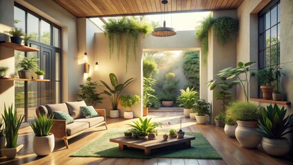 Fototapeta premium Clean lines define this vintage home's minimalist 3D-rendered interior, featuring sparse, carefully chosen plants.