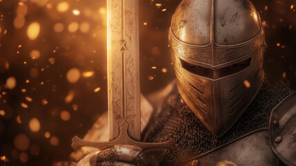 armored paladin stands resolute, holy sword gleaming, embodying unwavering faith and courage against encroaching shadows, ready to defend