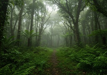 Fototapeta premium Mystical forest path with lush greenery and fog.
