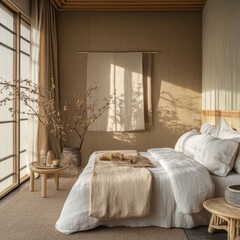 Naturally decorated bedroom interior featuring linen beddings and wall art