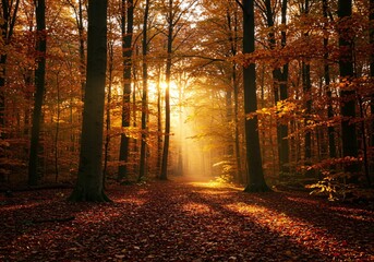 Autumn forest with sunlit foliage.