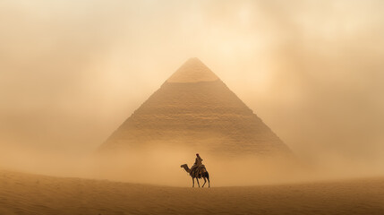 lone desert nomad journeys across sands on camel, engulfed in swirling sandstorm, with ancient pyramids looming stoically