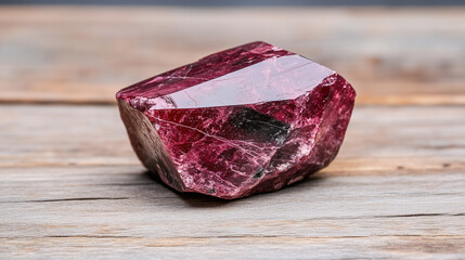Obraz premium A dark-pink mineral in its raw form with black veins rests on a wooden surface, often used in lithotherapy and for decorative collections.