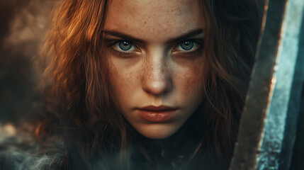 Epic female warrior in crystalline armor wields her weapon with unwavering determination and fierce resolve in face of battle