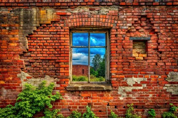Abandoned Building Red Brick Window Frame  Brick Wall