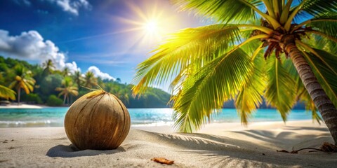 Obraz premium Crisp images of tropical beaches, fresh coconut water, green and mature coconuts, and the iconic coconut tree.