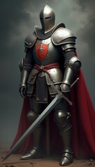 Knight in shining armor stands bravely under a tumultuous sky
