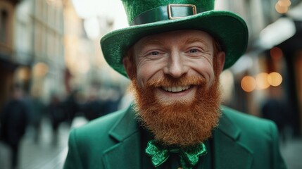 Smiling man in green attire during festive street celebration