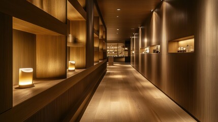 Elegant wooden hallway showcases minimalist design with soft warm lighting