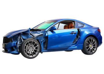 Damaged Blue Car:  A blue coupe car with a crumpled front end, dented doors, and a shattered window. The car is viewed in a three-quarter perspective, showcasing the extent of the damage.  