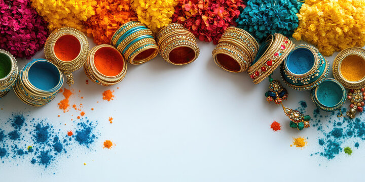 A festive flat lay of traditional Indian attire accessories like bangles, bindis, and Holi colorful decorative powders, styled elegantly on a white surface, with copy space for text. Banner. Flat lay