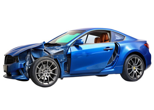 Damaged Blue Car:  A blue coupe car with a crumpled front end, dented doors, and a shattered window. The car is viewed in a three-quarter perspective, showcasing the extent of the damage.  