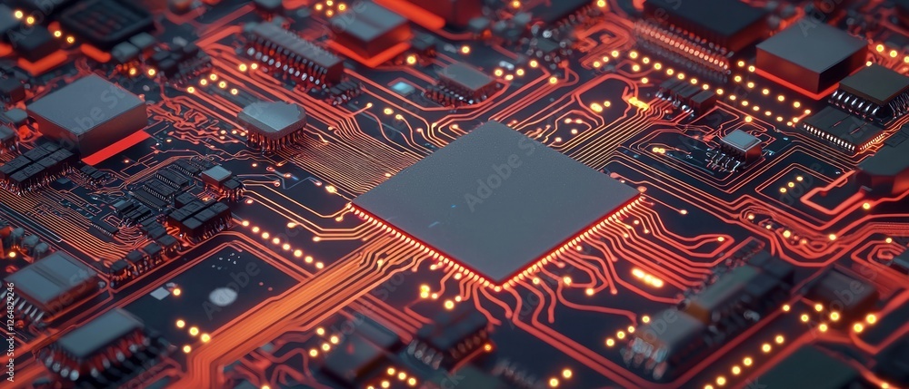 Poster close up red circuit board with glowing central processor