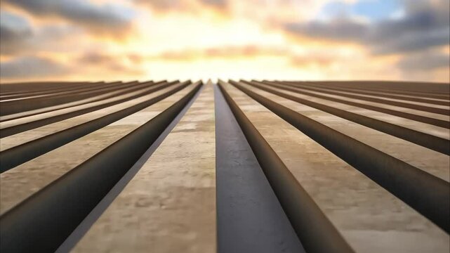 A perspective view of parallel lines leading towards a dramatic sunset, creating depth and a sense of infinity.