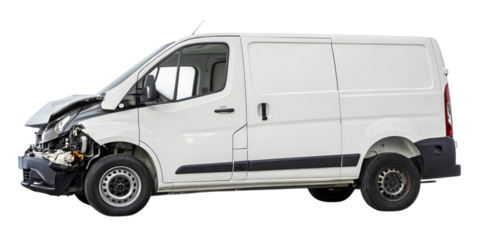Damaged Van: A white delivery van, its front end crushed, sits abandoned, a stark reminder of the impact of a collision. The image captures the aftermath of an accident.