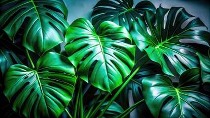 Dark green Monstera deliciosa leaves stark against a white backdrop, a nocturnal still life.