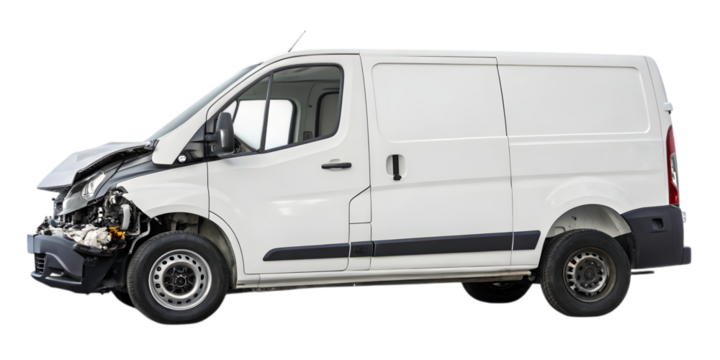 Damaged Van: A white delivery van, its front end crushed, sits abandoned, a stark reminder of the impact of a collision. The image captures the aftermath of an accident.