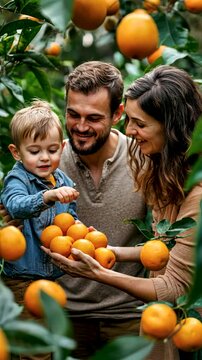 Family enjoying orange picking in orchard