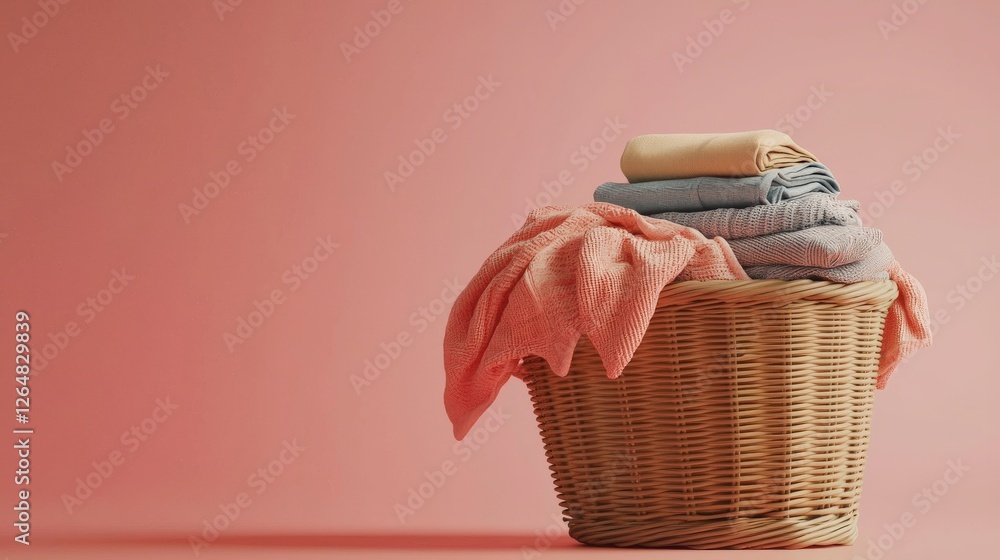 Poster a serene and minimalistic depiction of a laundry basket containing neatly piled soft textiles, desig