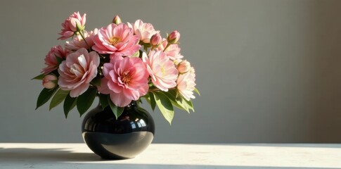 Fototapeta premium A delicate arrangement of blush-colored blossoms in a sleek, dark vase, bathed in soft sunlight on a simple, white surface.