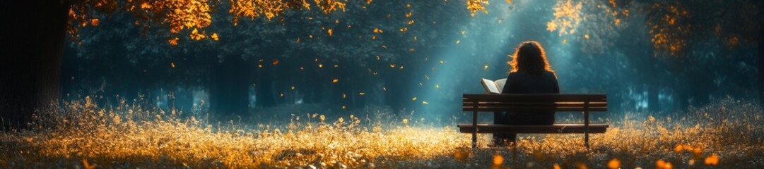 Fototapeta premium Person Reading a Book on a Bench in a Calm Autumn Park. Generative AI