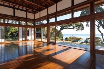 Airy traditional Japanese interior with ocean view for real estate or design concept