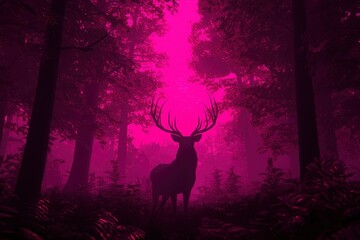 Solitary Stag in a Forest, Illuminated by a mysterious pink light behind the trees