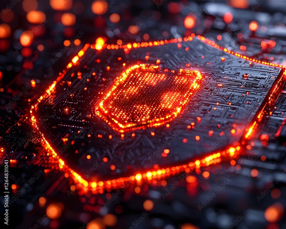 Poster vibrant glowing shield deflecting cybersecurity attacks abstract visualization