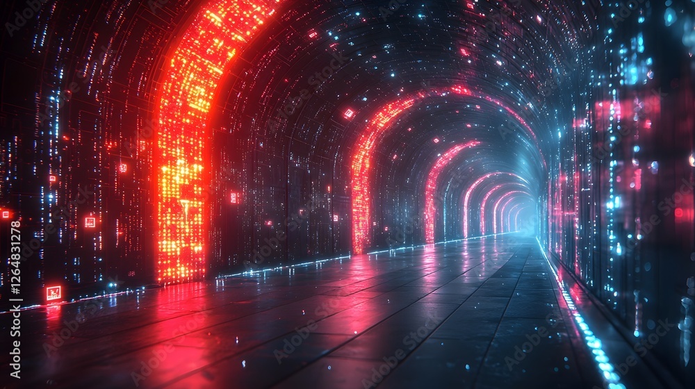 Poster glowing digital bunker symbolizing advanced cybersecurity infrastructure with encrypted data streams