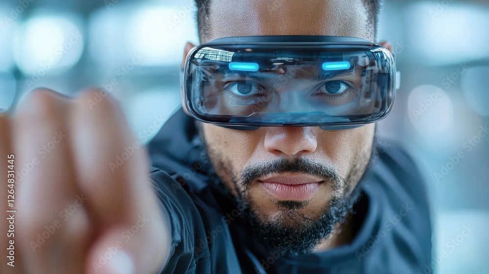 Poster muscular bearded man intensely focused while using advanced virtual reality technology for a full bo