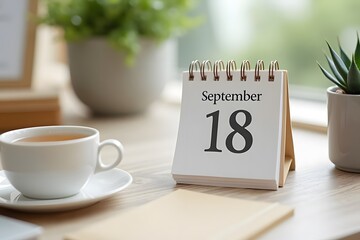 A calendar page flipping to September 18, set in a cozy desk scene.