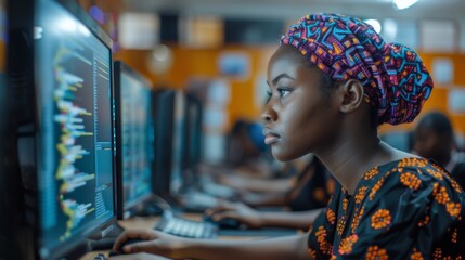 A focused young woman is coding at a computer, showcasing a colorful learning atmosphere filled with fellow students, engaged deeply in technology and programming.