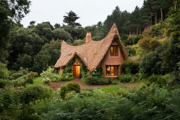 Obraz premium Charming cottage nestled in lush greenery, illuminated windows, peaceful scenery