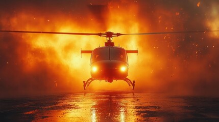 Helicopter in Action with Explosive Background of Fire and Smoke. Generative AI