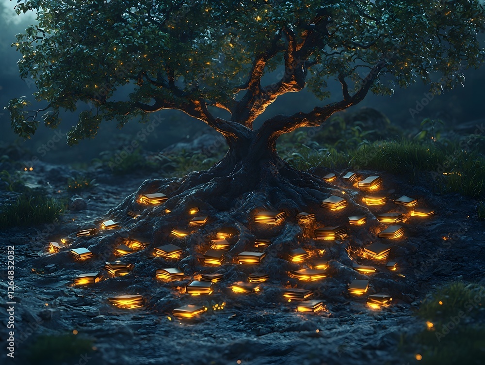 Poster transformative tree of knowledge illuminating a surreal landscape