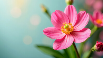 Fototapeta premium A bouquet of delicate, pink flowers on a plain background. The concept of a postcard for the spring holidays. Free space for text.