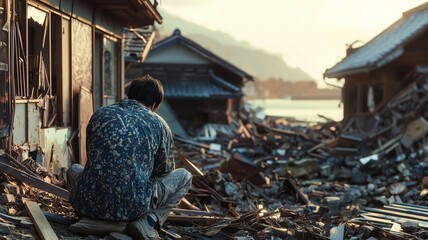 Naklejka premium 巨大地震による日本家屋の倒壊