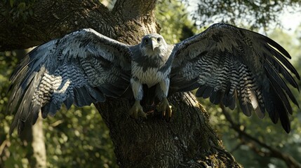 Fototapeta premium Majestic eagle perched on tree, wings spread.