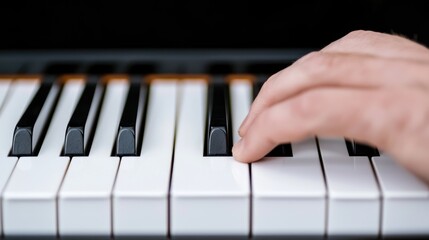 Fototapeta premium Close-up hand playing piano keys, dark background, music practice