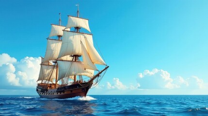A majestic sailing vessel glides across a cerulean sea under a vibrant sky, its white sails billowing in the gentle breeze, a picturesque scene of nautical adventure