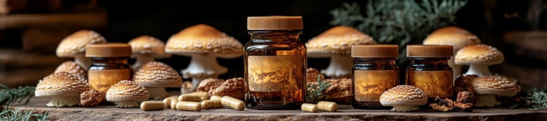 Mushroom supplements with medicinal properties surrounded by mushrooms. Generative AI