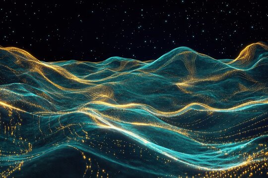 abstract digital landscape with flowing geometric patterns in deep space featuring luminous golden fractals and cyan energy streams against infinite void