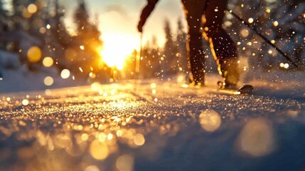 Winter snow skiing with sunset and snowflakes falling from the sky. Generative AI